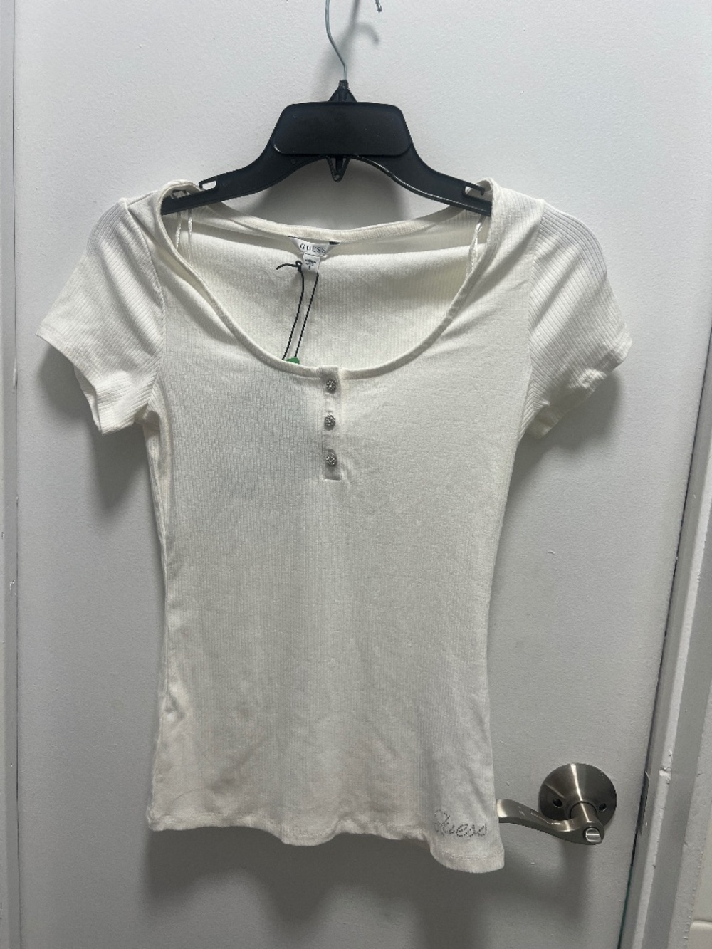 Guess White Jeweled Button Tee